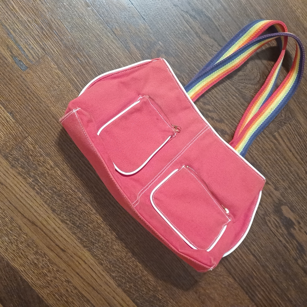 Stylish Red Women's Bag with Rainbow Straps